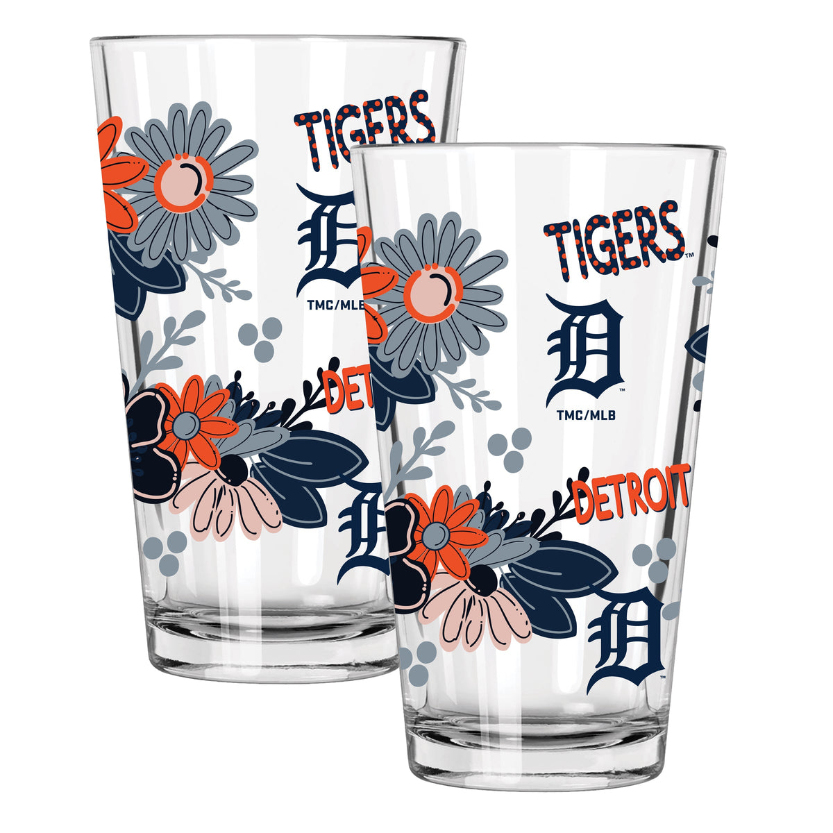 2pk 16oz Pint Glass, Direct Print, Flowers Design | Detroit Tigers