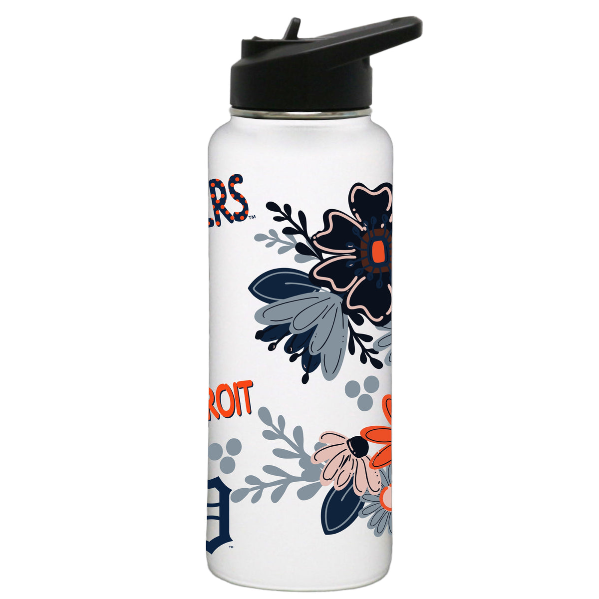 34oz White Quencher Water Bottle, Direct Print, Flowers Design | Detroit Tigers