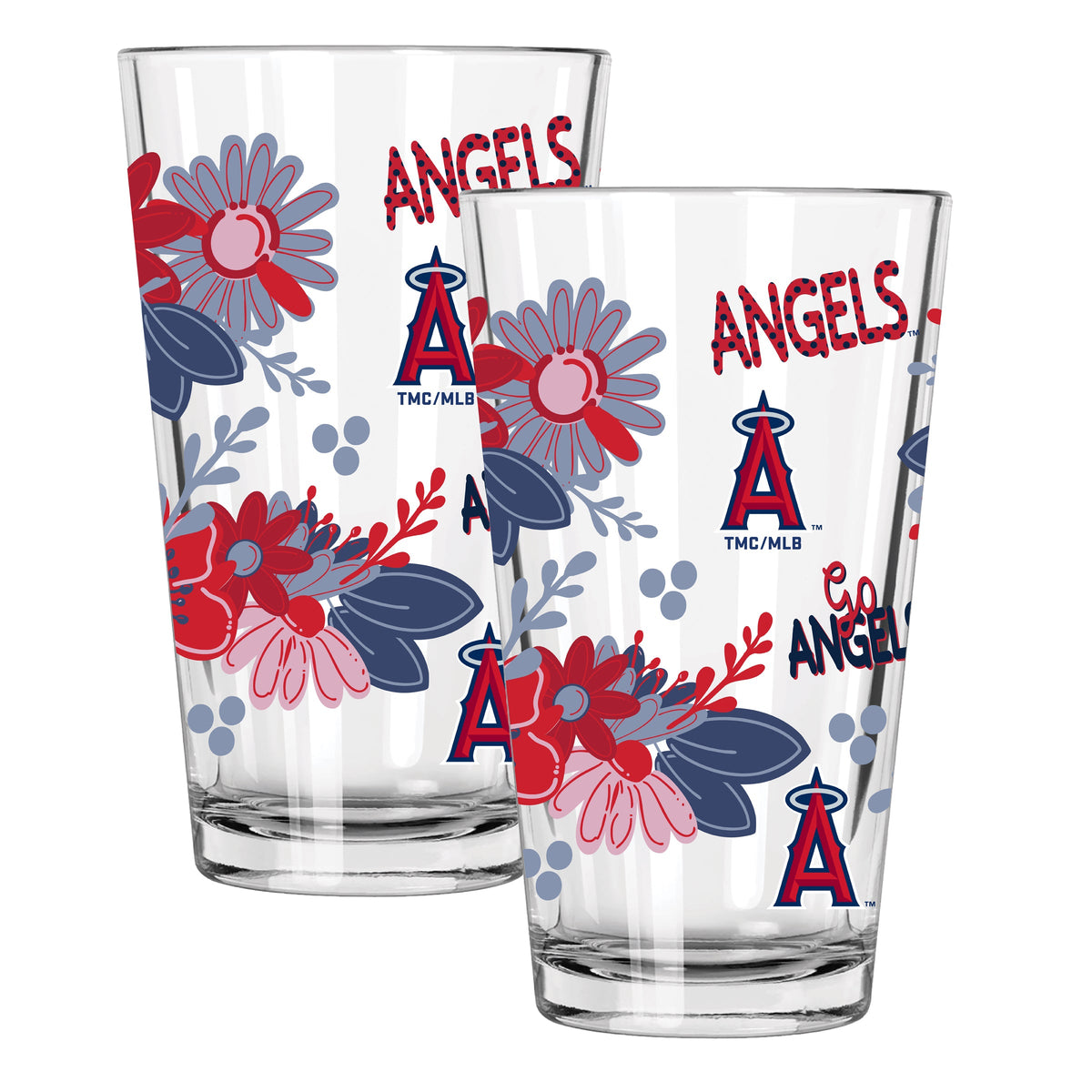 2pk 16oz Pint Glass, Direct Print, Flowers Design | Los Angeles Angels