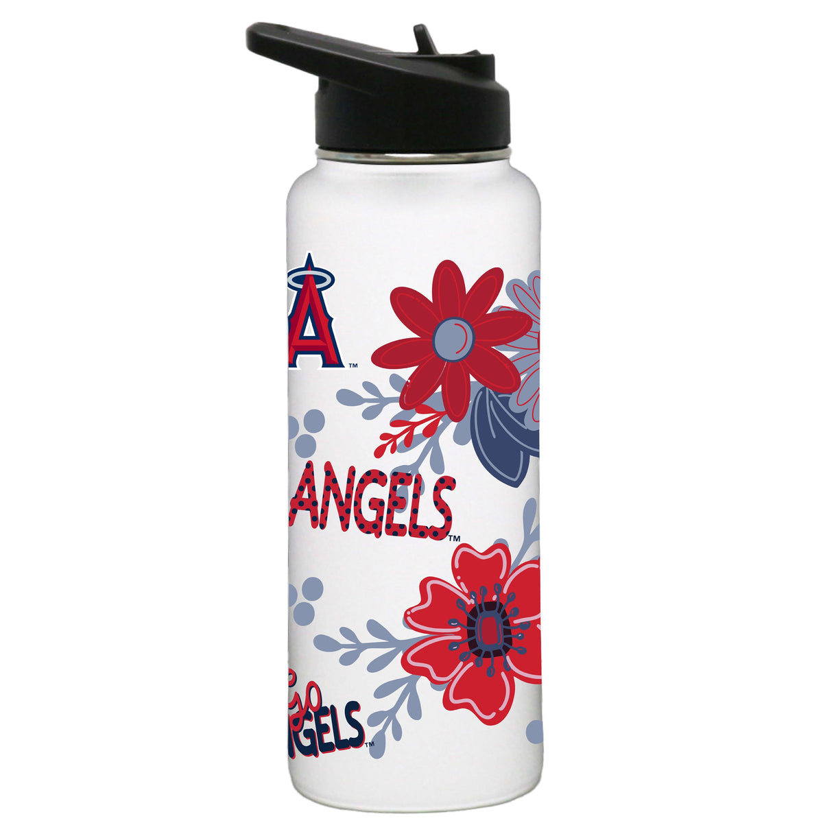 34oz White Quencher Water Bottle, Direct Print, Flowers Design | Los Angeles Angels