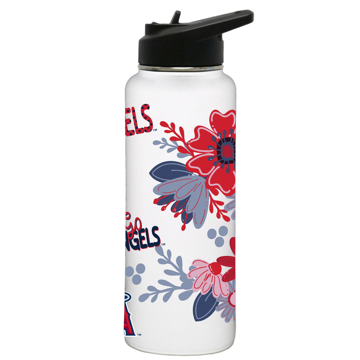 34oz White Quencher Water Bottle, Direct Print, Flowers Design | Los Angeles Angels