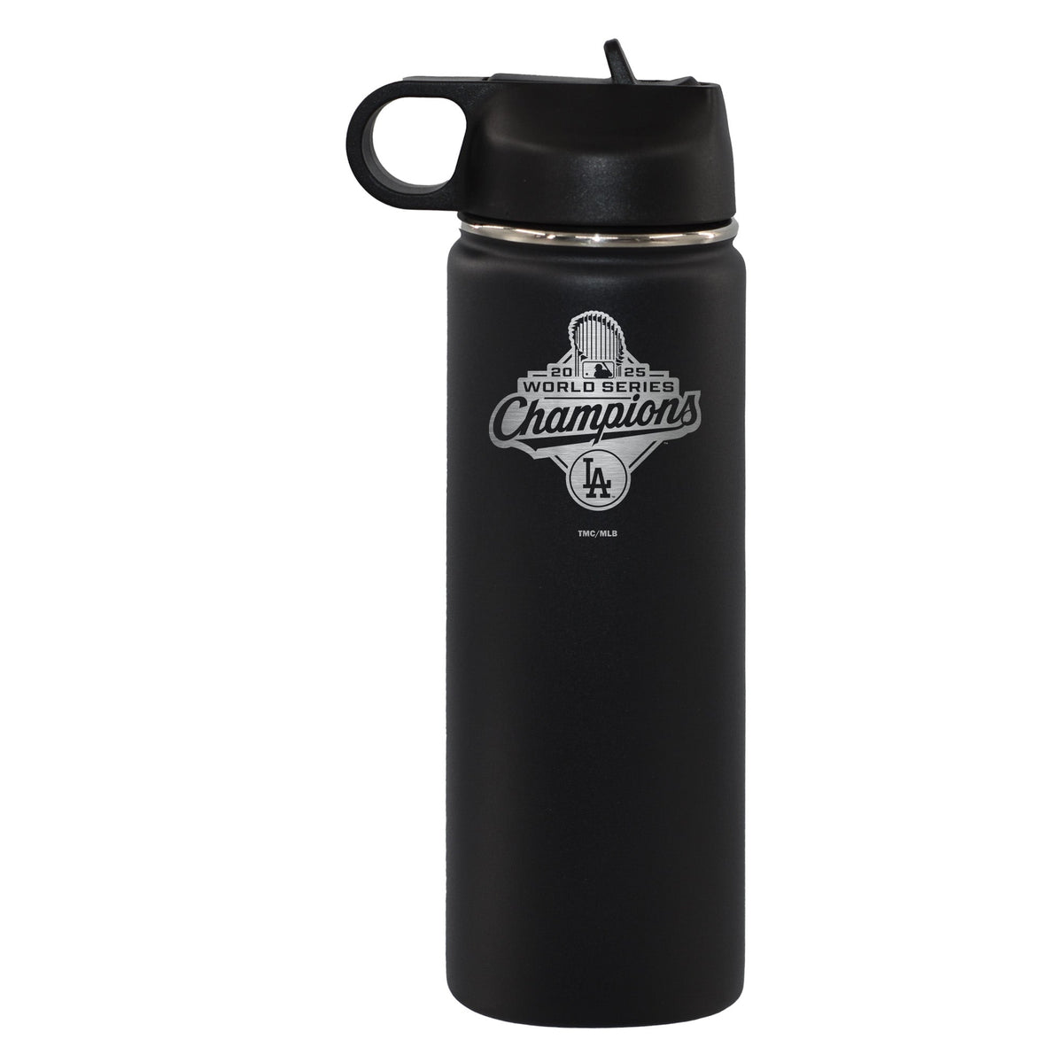 22oz Black Stainless Steel Water Bottle, MLB World Series Champs 2025, Etched, Los Angeles Dodgers