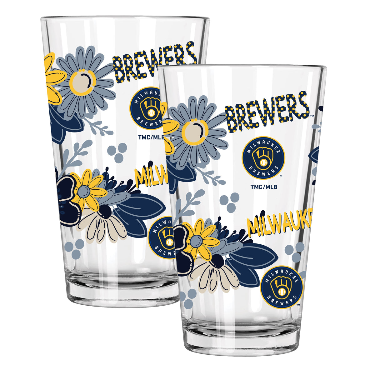 2pk 16oz Pint Glass, Direct Print, Flowers Design | Milwaukee Brewers