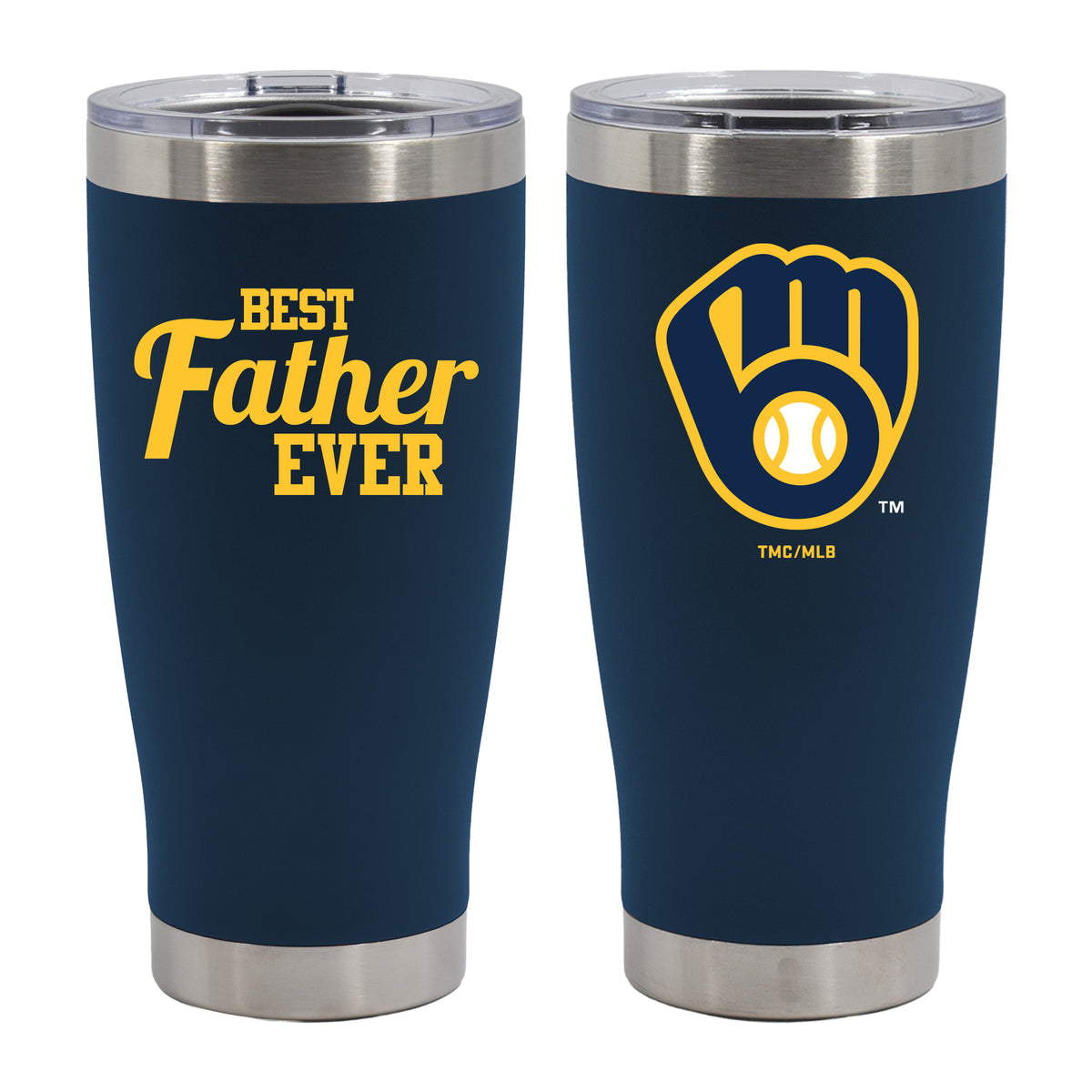 20oz Navy Stainless Steel Tumbler, Direct Print, Best Dad Ever Design, Milwaukee Brewers