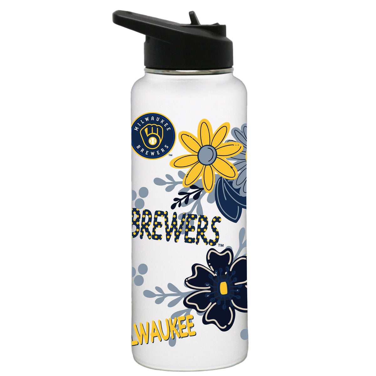 34oz White Quencher Water Bottle, Direct Print, Flowers Design | Milwaukee Brewers