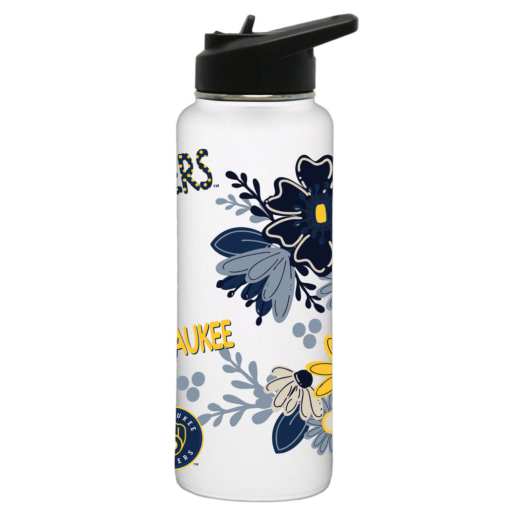 34oz White Quencher Water Bottle, Direct Print, Flowers Design | Milwaukee Brewers