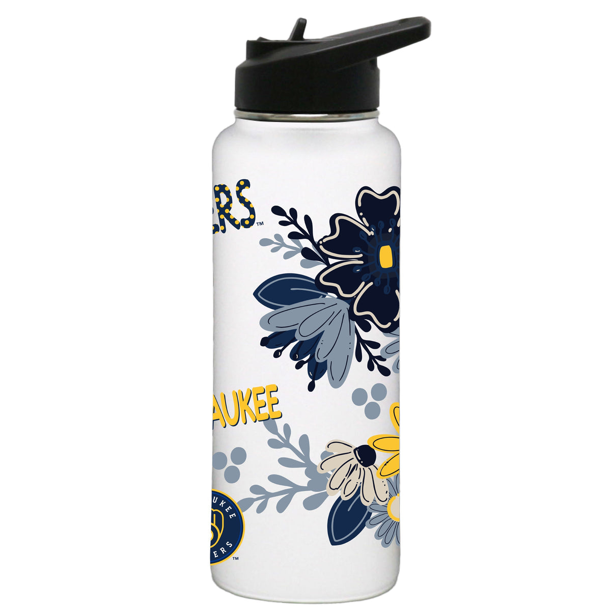 34oz White Quencher Water Bottle, Direct Print, Flowers Design | Milwaukee Brewers