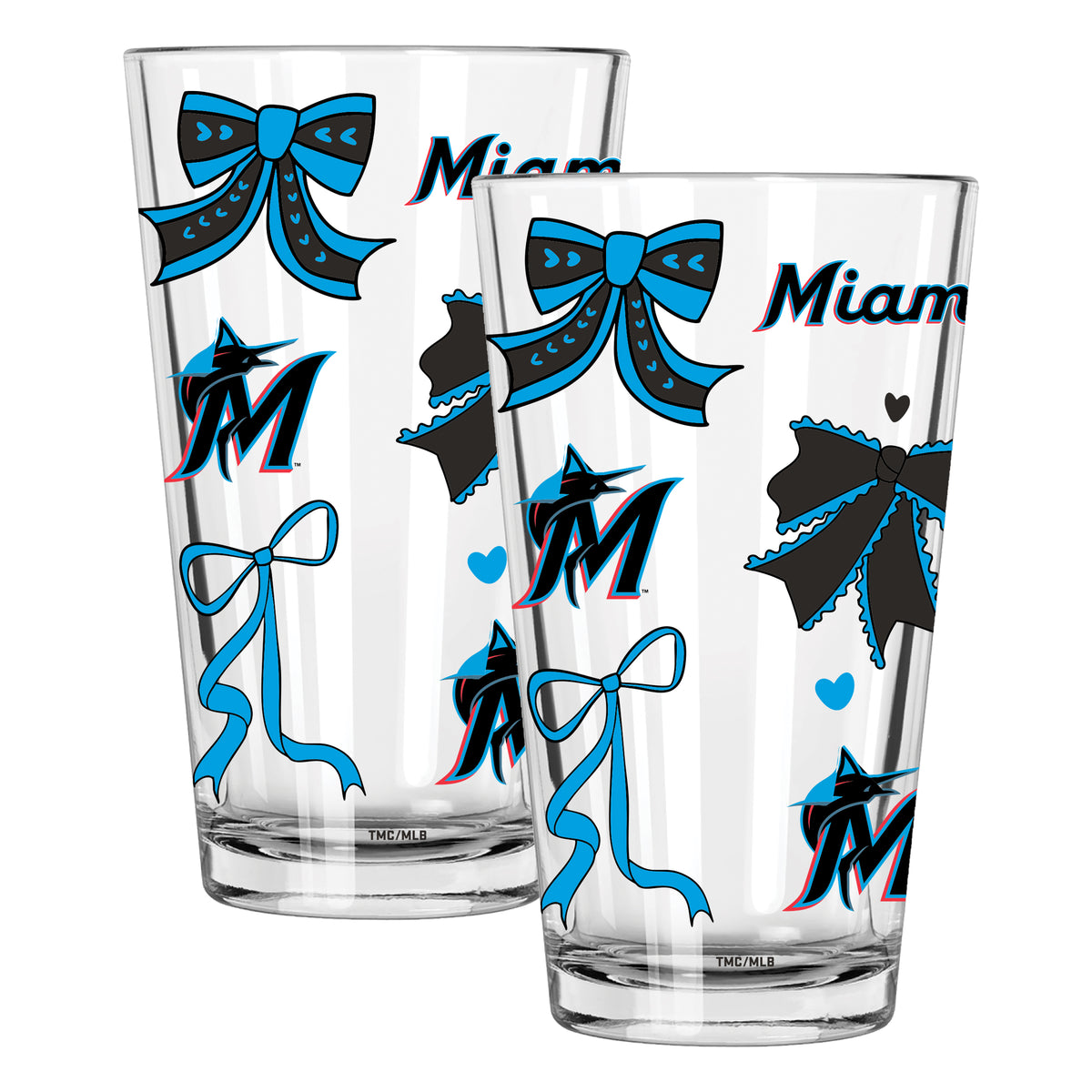  Marlins 2pk 16oz Bow Pint Glass 