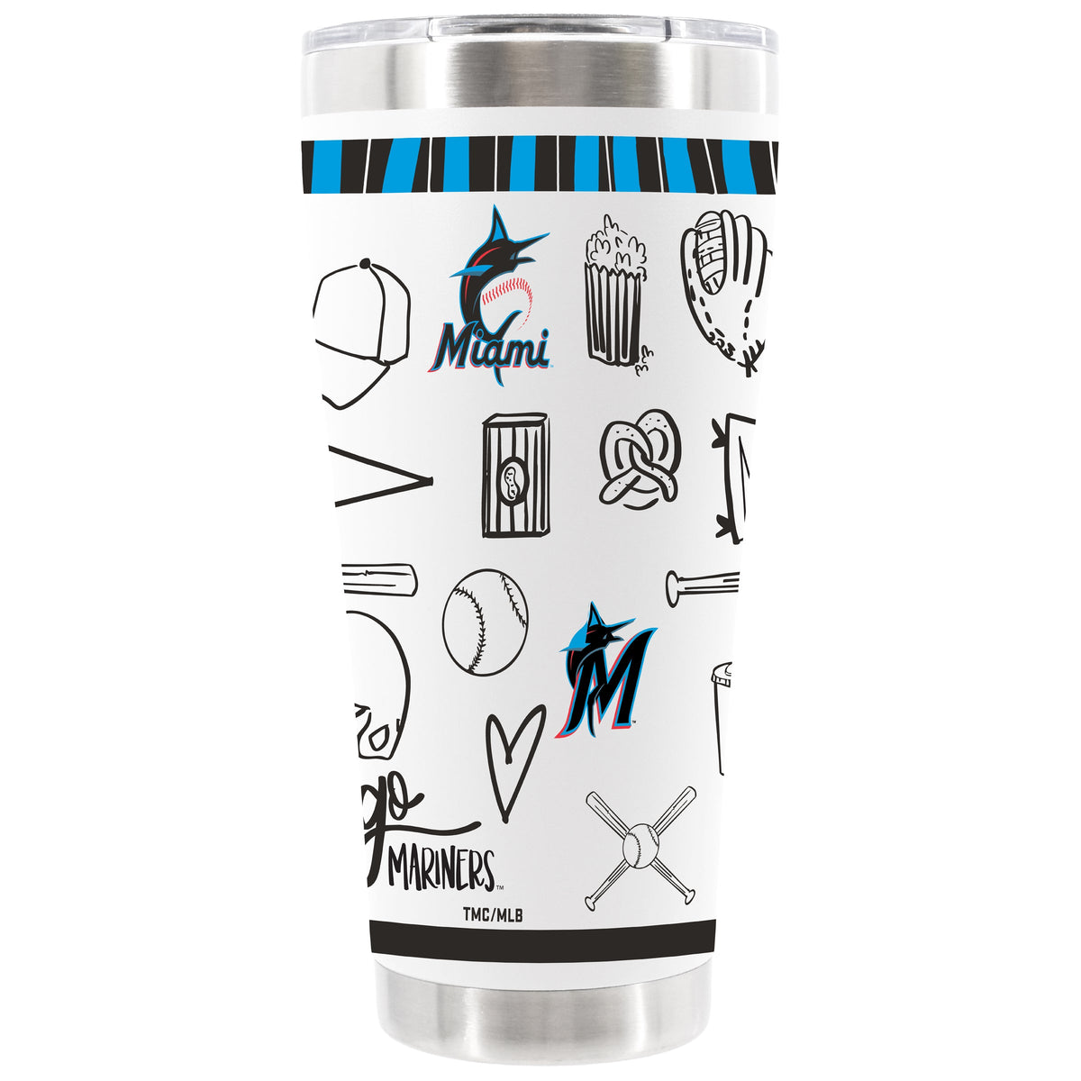 30oz White Stainless Steel Tumbler, Direct Print, Sketchpad Design | Miami Marlins