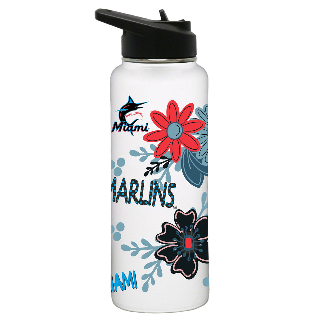 34oz White Quencher Water Bottle, Direct Print, Flowers Design | Miami Marlins