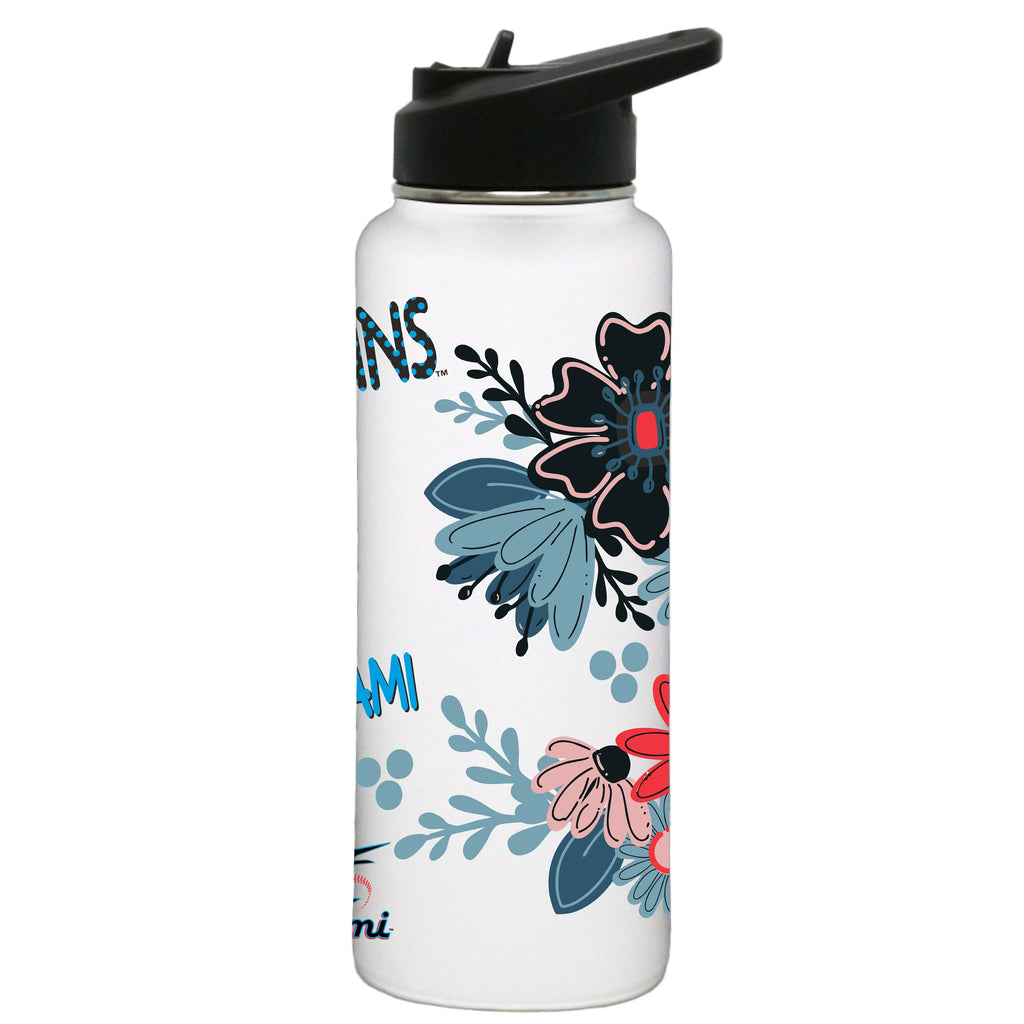 34oz White Quencher Water Bottle, Direct Print, Flowers Design | Miami Marlins