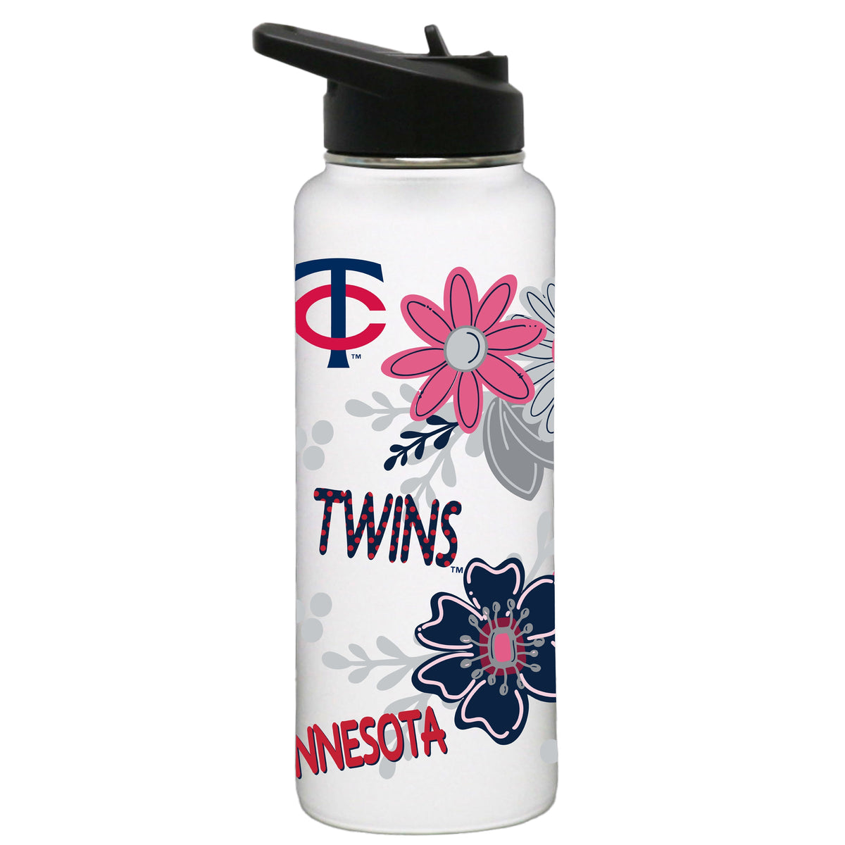 34oz White Quencher Water Bottle, Direct Print, Flowers Design | Minnesota Twins