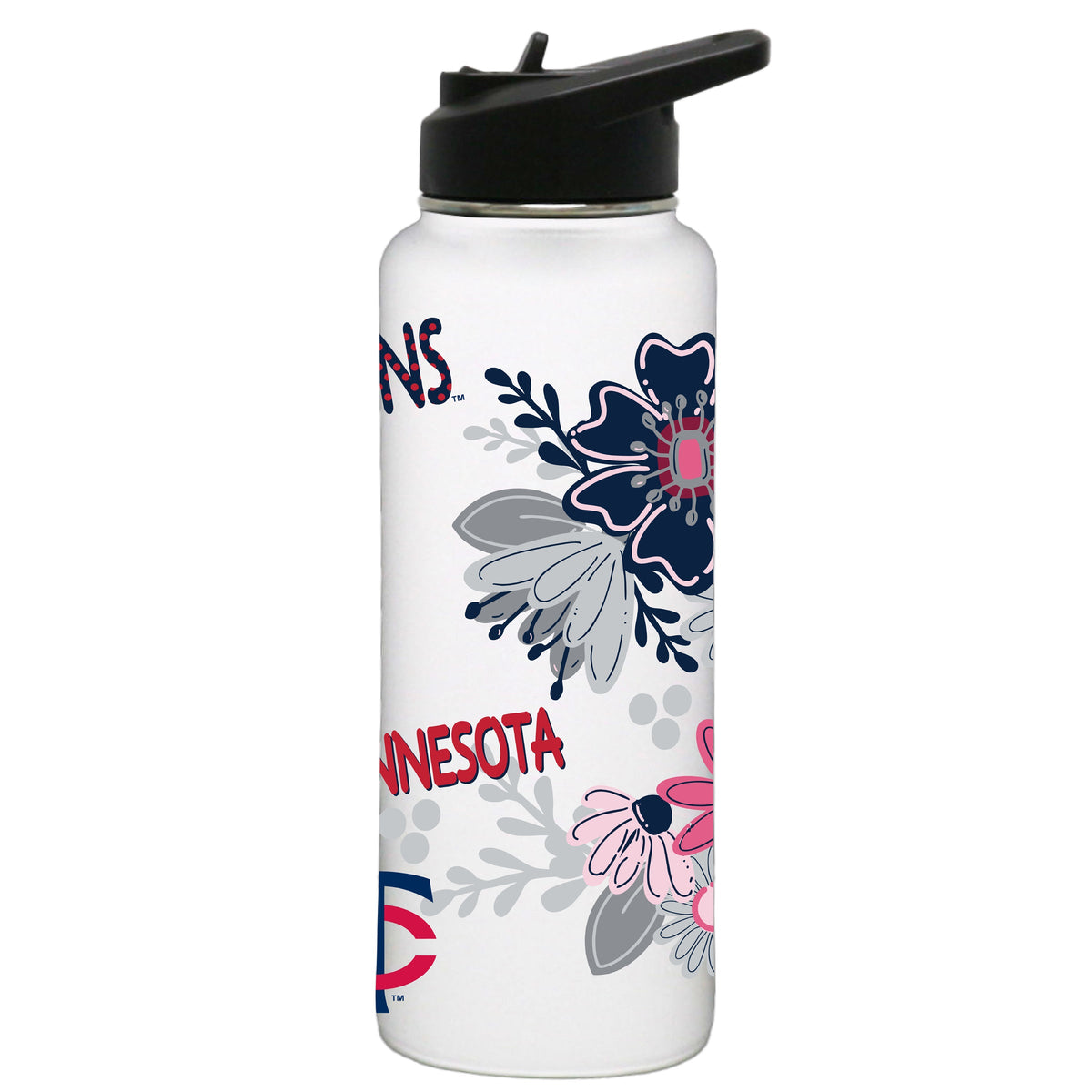 34oz White Quencher Water Bottle, Direct Print, Flowers Design | Minnesota Twins
