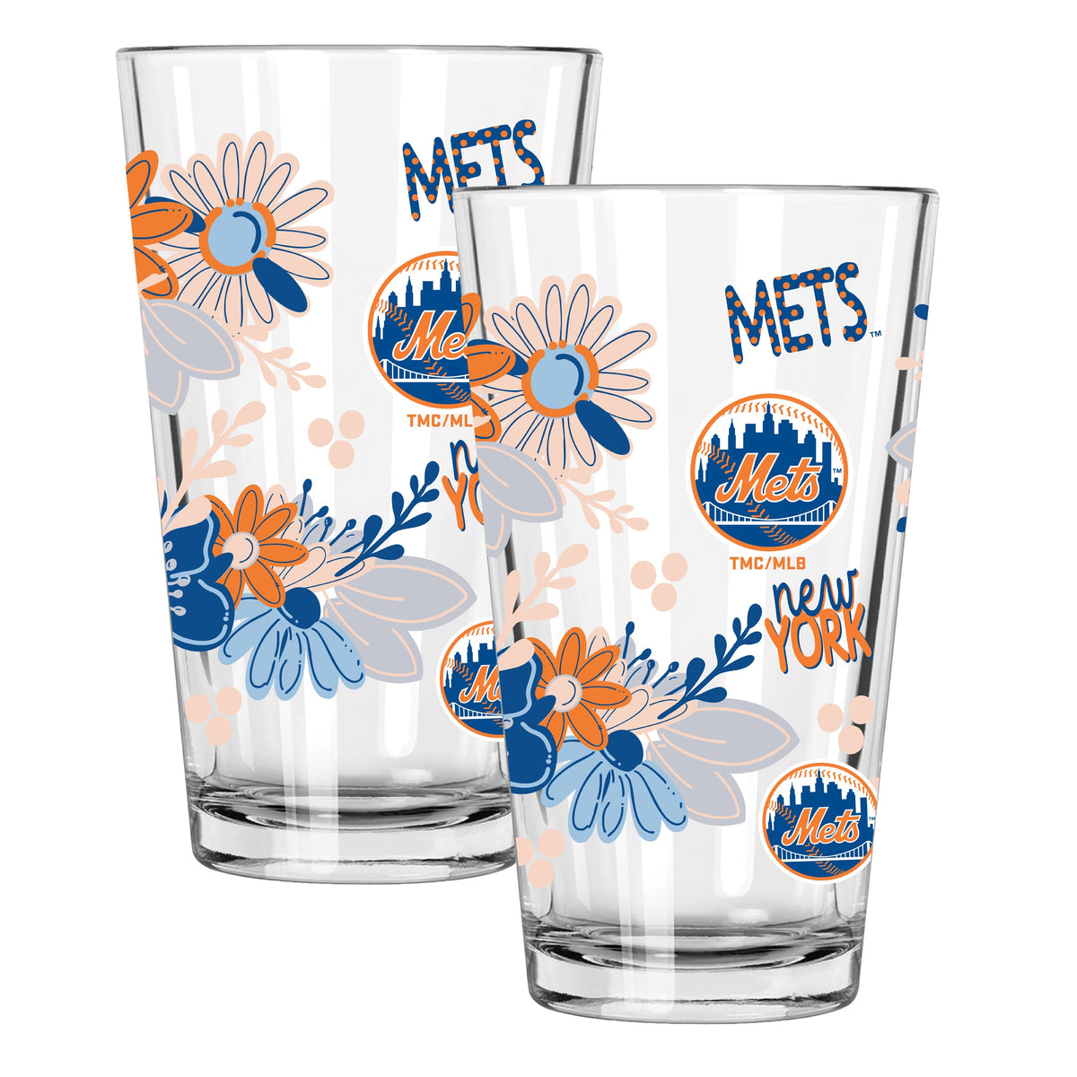 2pk 16oz Pint Glass, Direct Print, Flowers Design | New York Mets