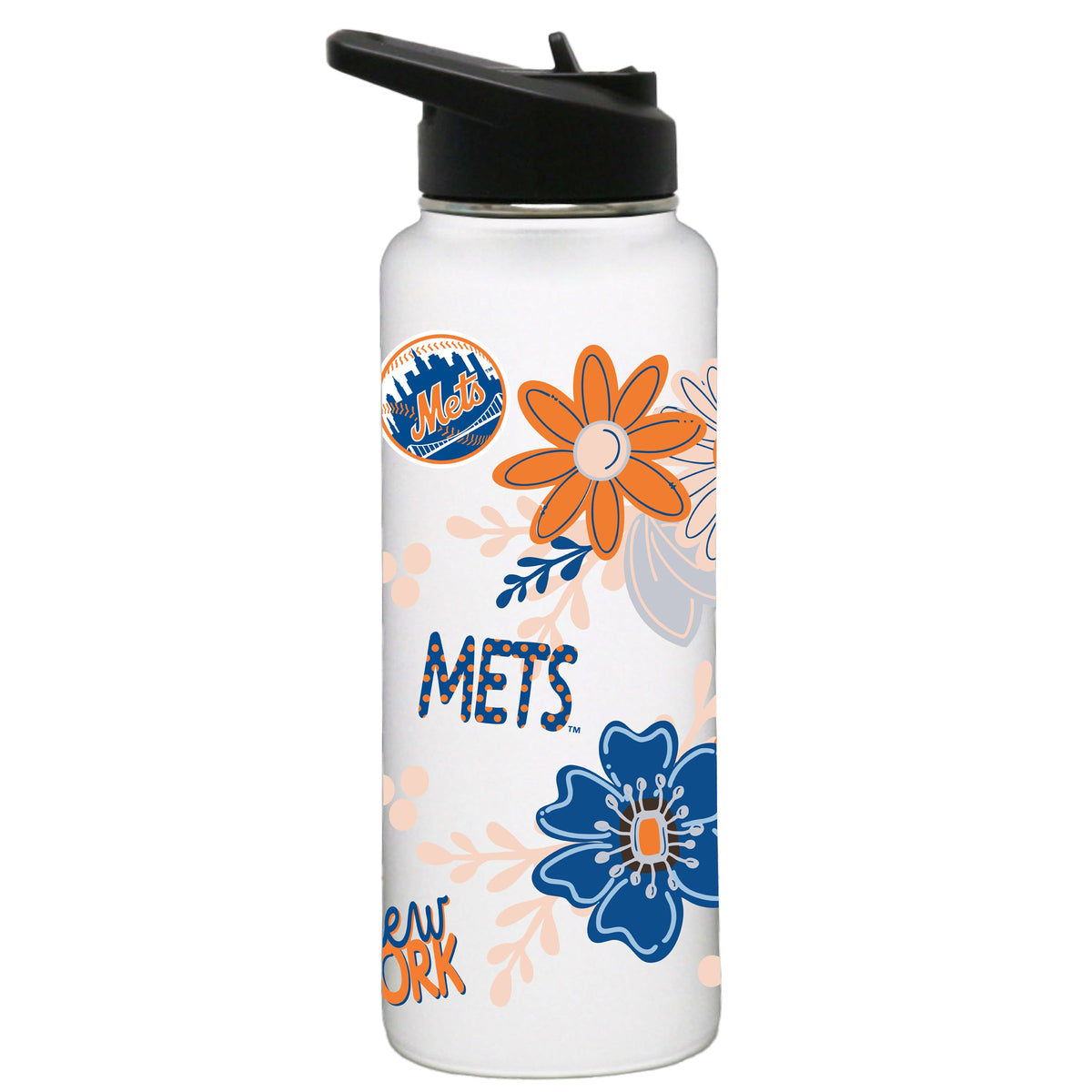34oz White Quencher Water Bottle, Direct Print, Flowers Design | New York Mets