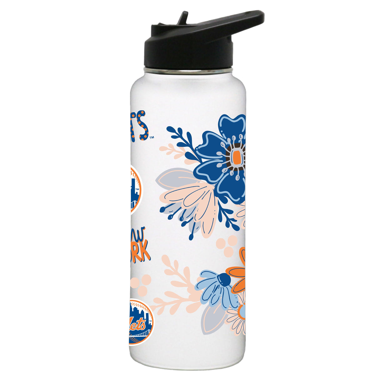 34oz White Quencher Water Bottle, Direct Print, Flowers Design | New York Mets