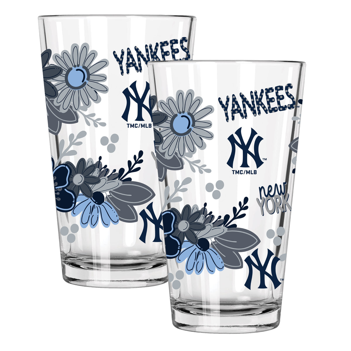 2pk 16oz Pint Glass, Direct Print, Flowers Design | New York Yankees