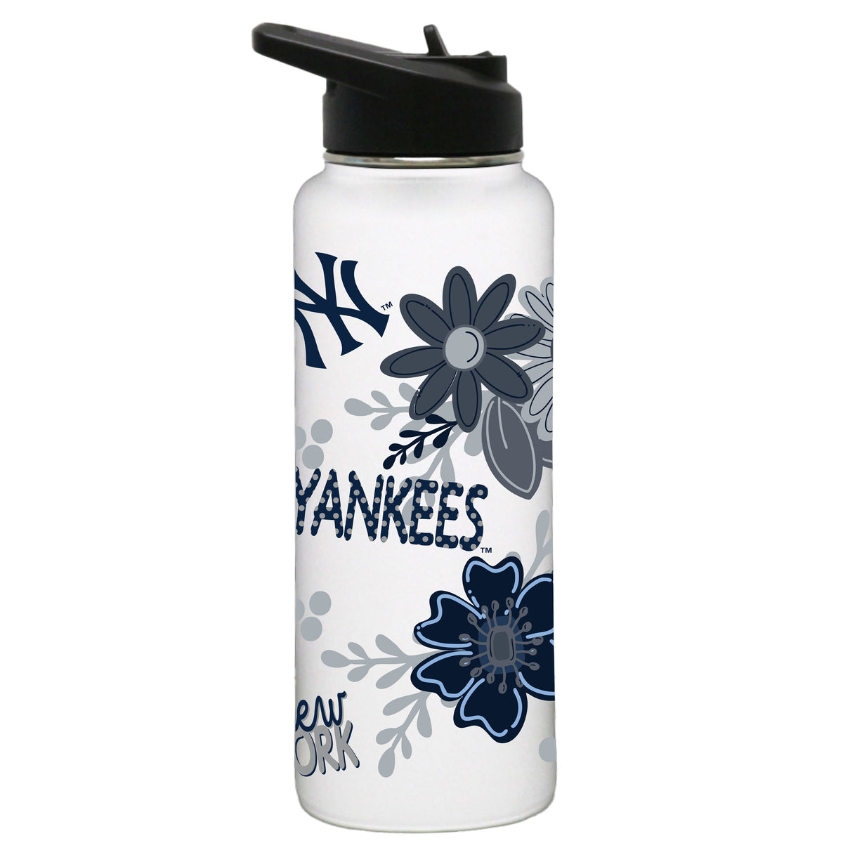 34oz White Quencher Water Bottle, Direct Print, Flowers Design | New York Yankees