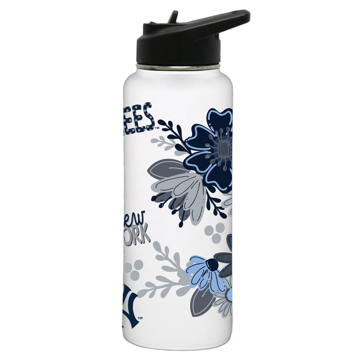 34oz White Quencher Water Bottle, Direct Print, Flowers Design | New York Yankees