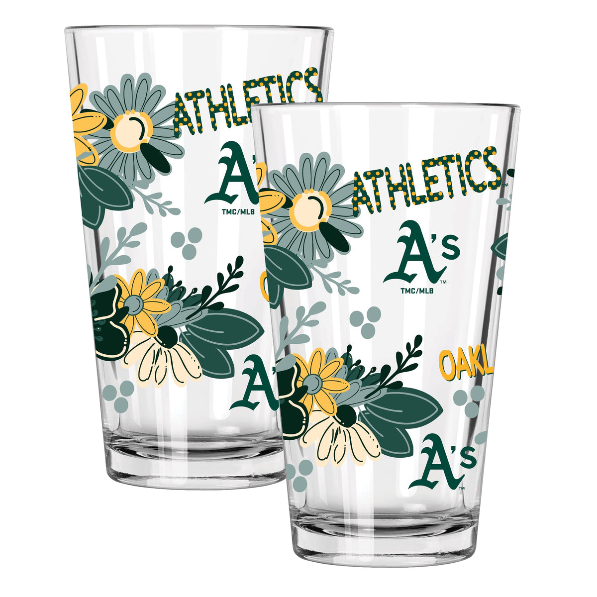 2pk 16oz Pint Glass, Direct Print, Flowers Design | Oakland Athletics