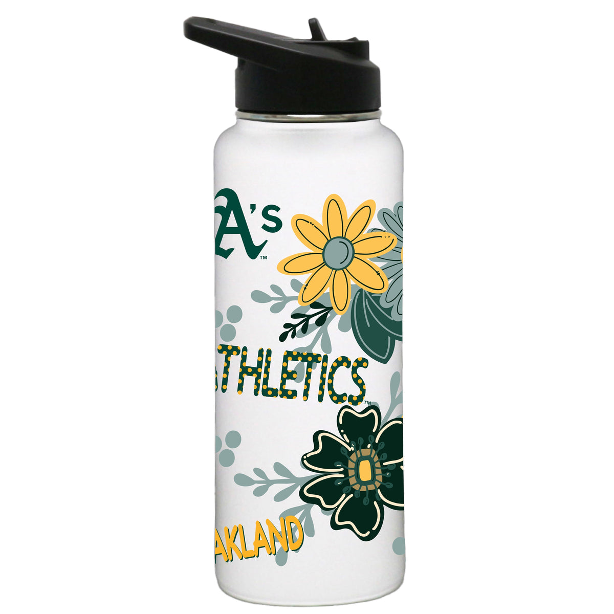 34oz White Quencher Water Bottle, Direct Print, Flowers Design | Oakland Athletics