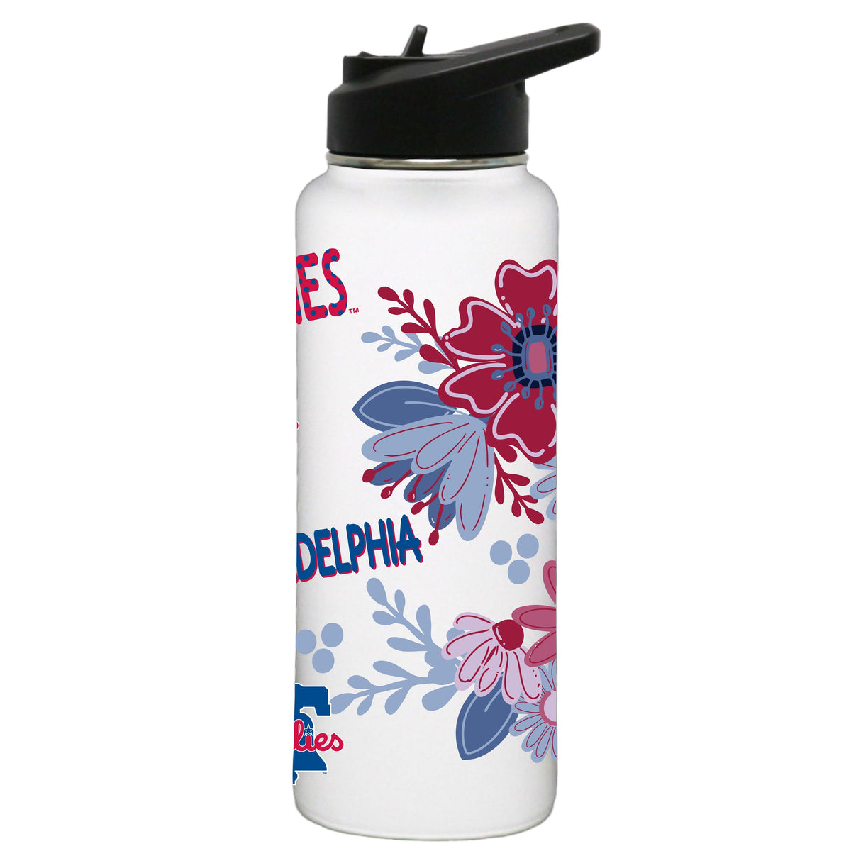34oz White Quencher Water Bottle, Direct Print, Flowers Design | Philadelphia Phillies