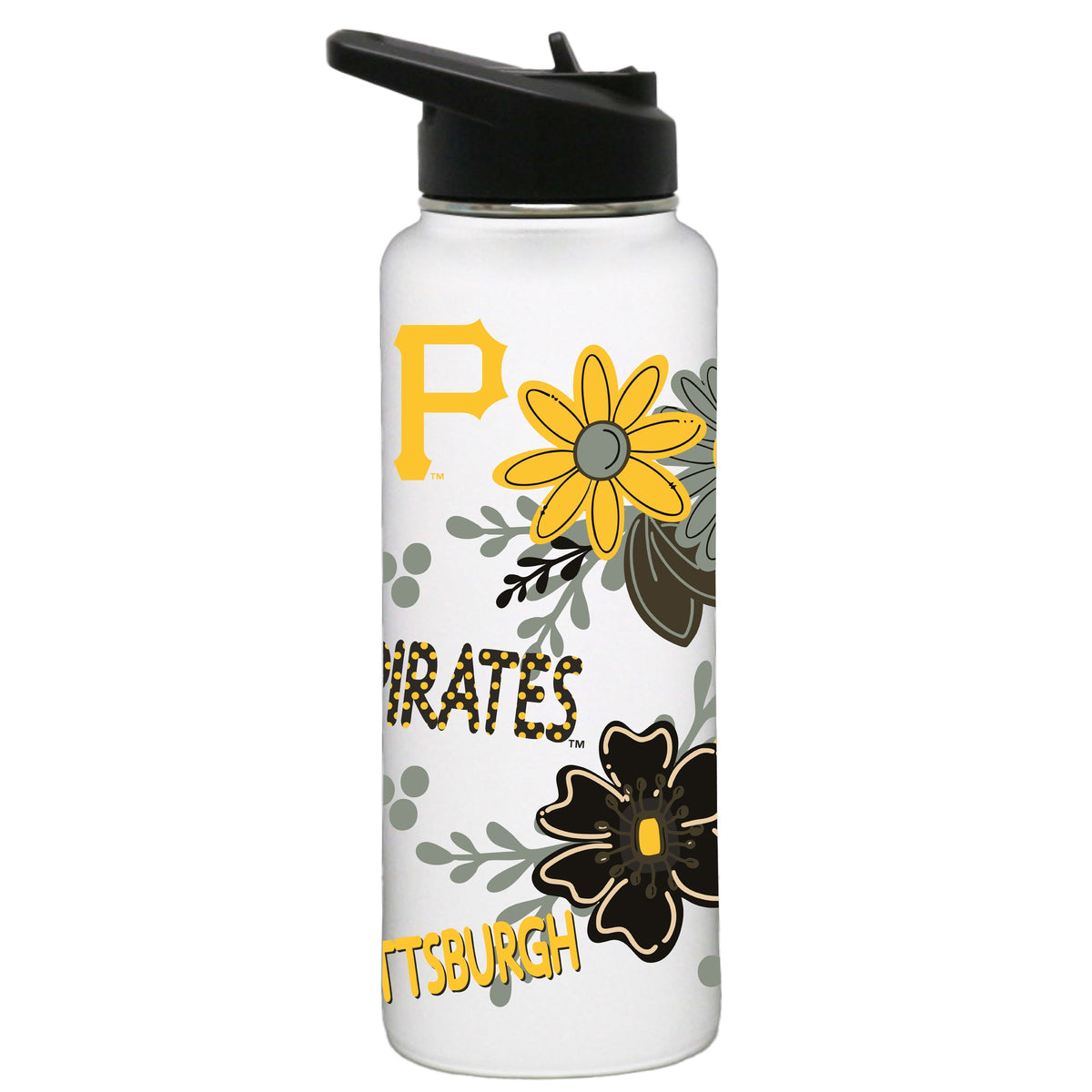 34oz White Quencher Water Bottle, Direct Print, Flowers Design | Pittsburgh Pirates