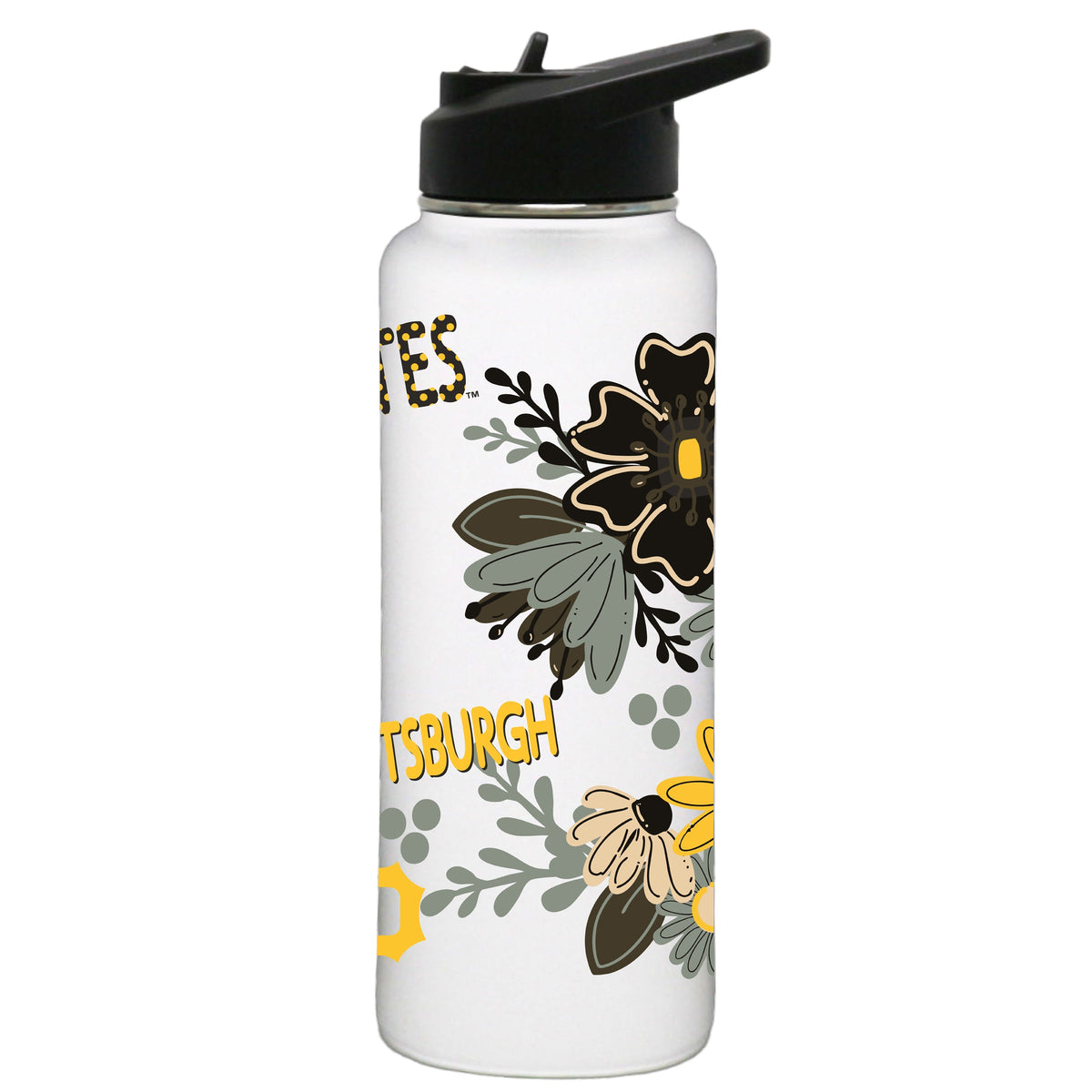 34oz White Quencher Water Bottle, Direct Print, Flowers Design | Pittsburgh Pirates