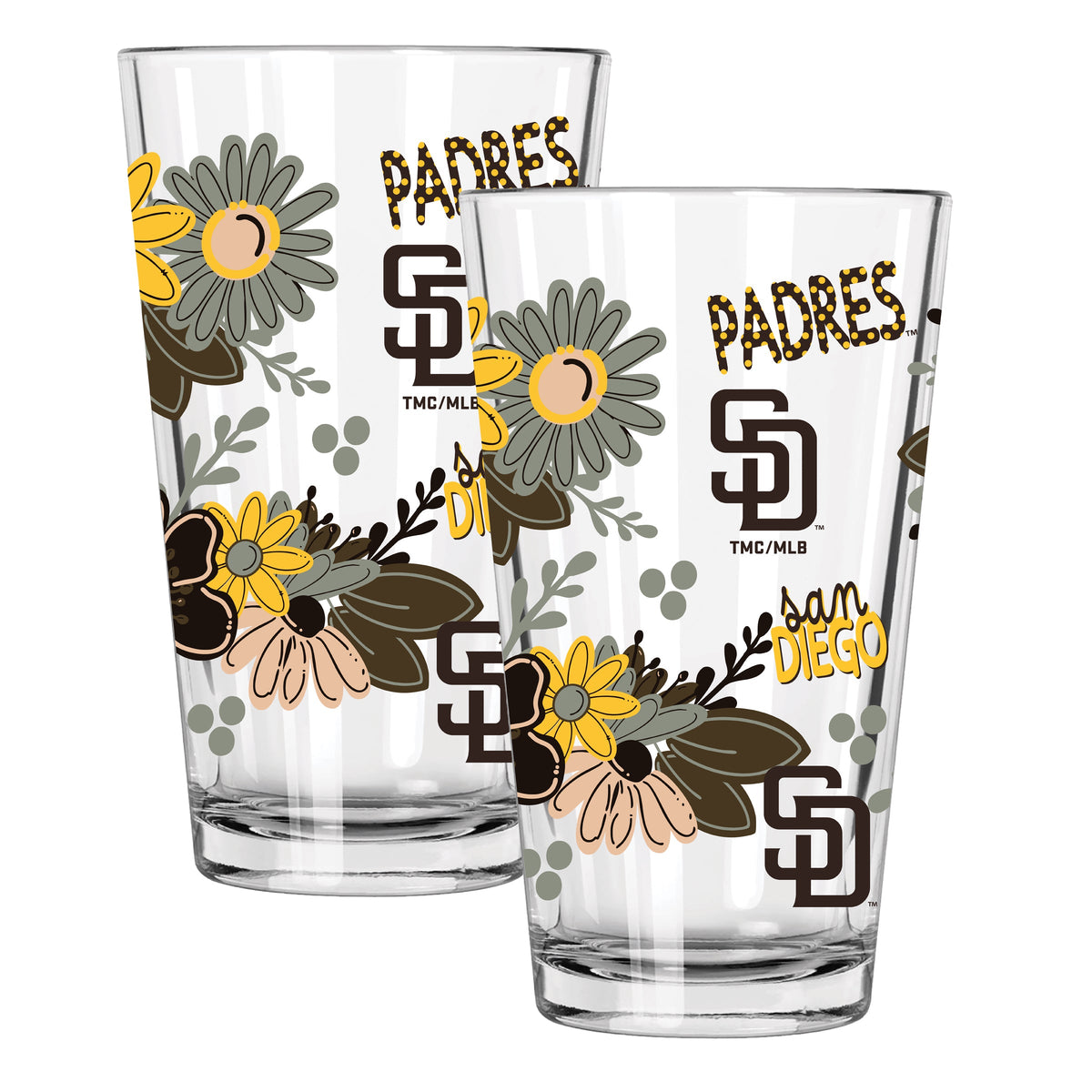 2pk 16oz Pint Glass, Direct Print, Flowers Design | San Diego Padres