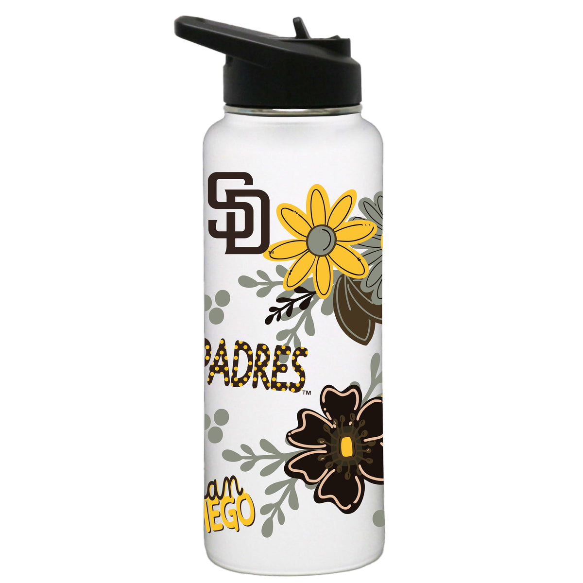 34oz White Quencher Water Bottle, Direct Print, Flowers Design | San Diego Padres
