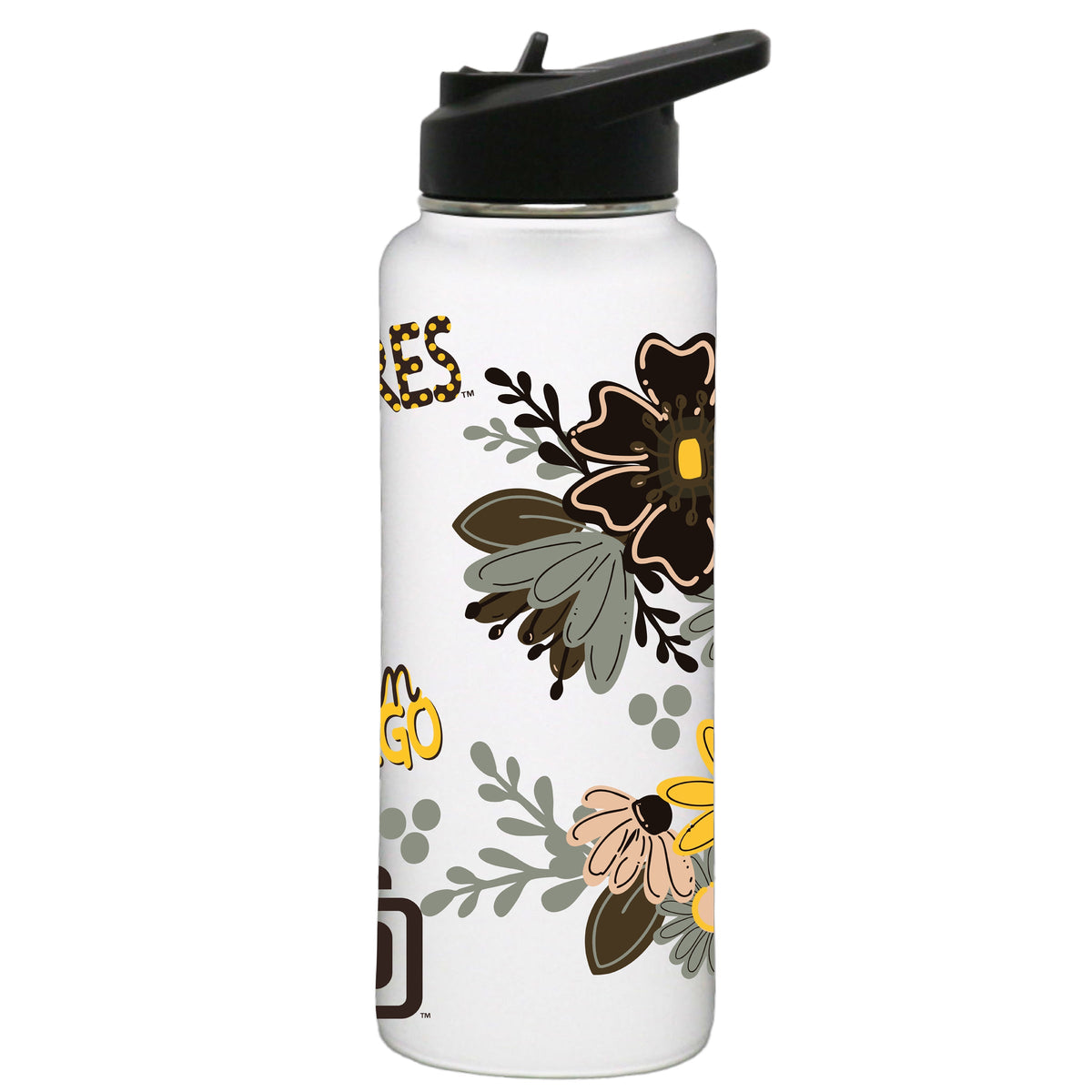 34oz White Quencher Water Bottle, Direct Print, Flowers Design | San Diego Padres