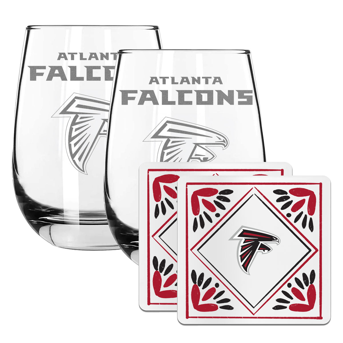 2 Pack Stemless Wine Glasses and Coasters Set | Atlanta Falcons