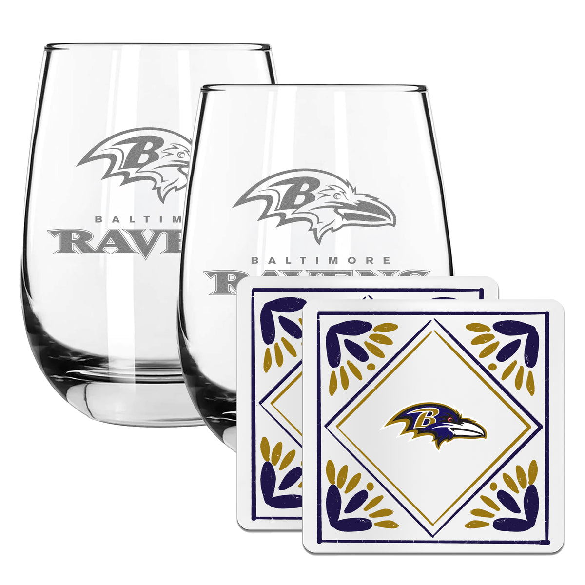 2 Pack Stemless Wine Glasses and Coasters Set | Baltimore Ravens