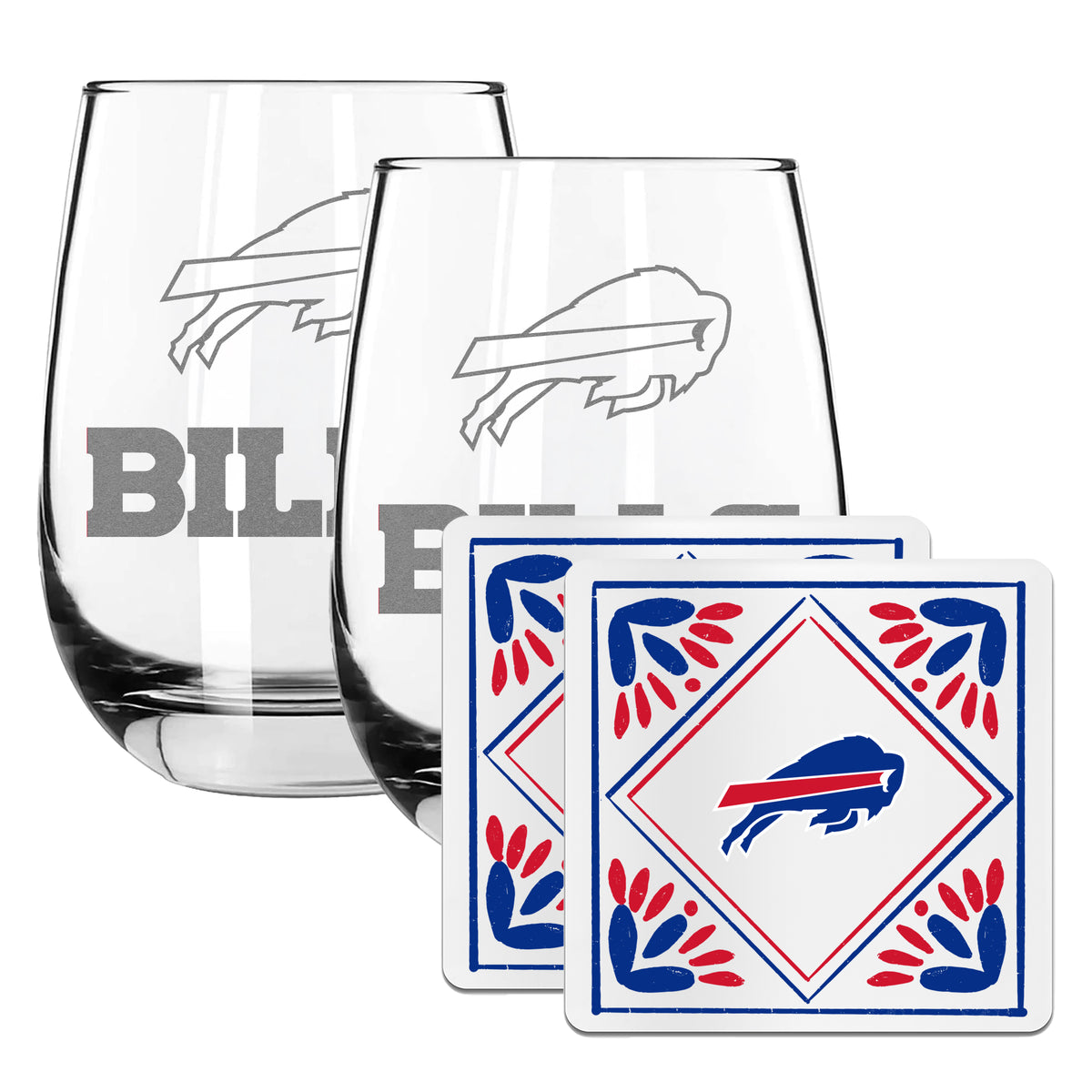 2 Pack Stemless Wine Glasses and Coasters Set | Buffalo Bills