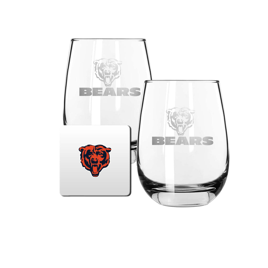 2 Pack Stemless Wine Glasses and Coasters Set | Chicago Bears