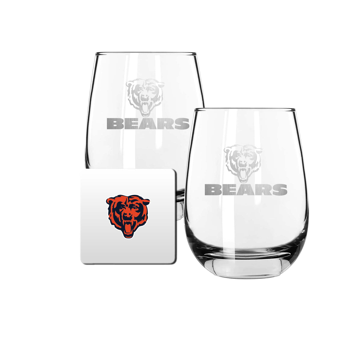 2 Pack Stemless Wine Glasses and Coasters Set | Chicago Bears