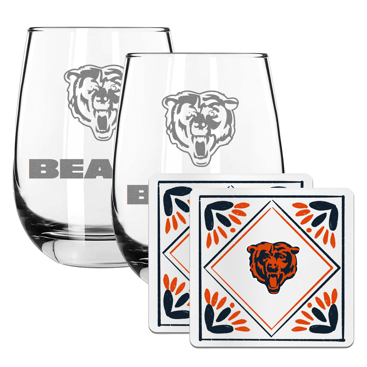 2 Pack Stemless Wine Glasses and Coasters Set | Chicago Bears