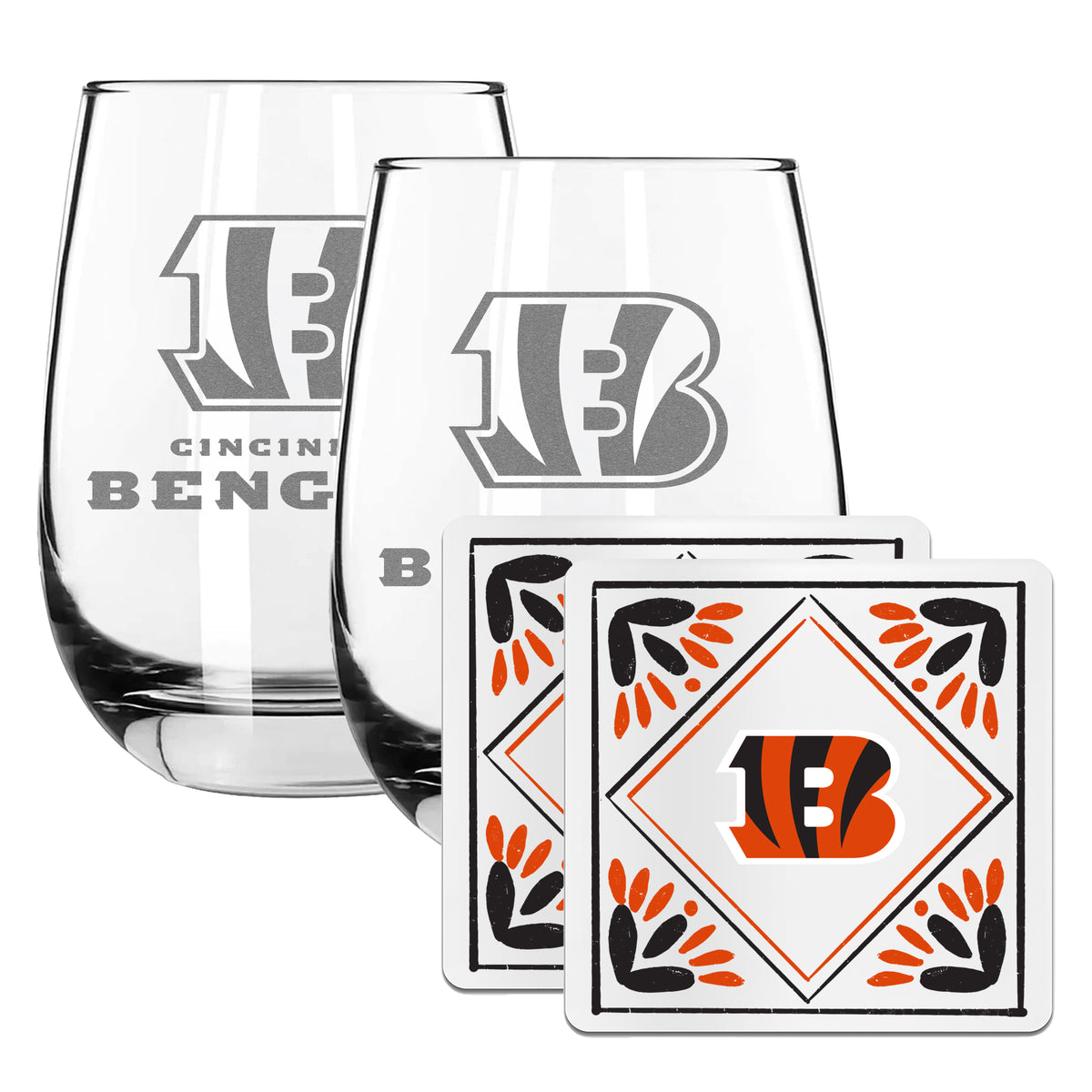 2 Pack Stemless Wine Glasses and Coasters Set | Cincinnati Bengals