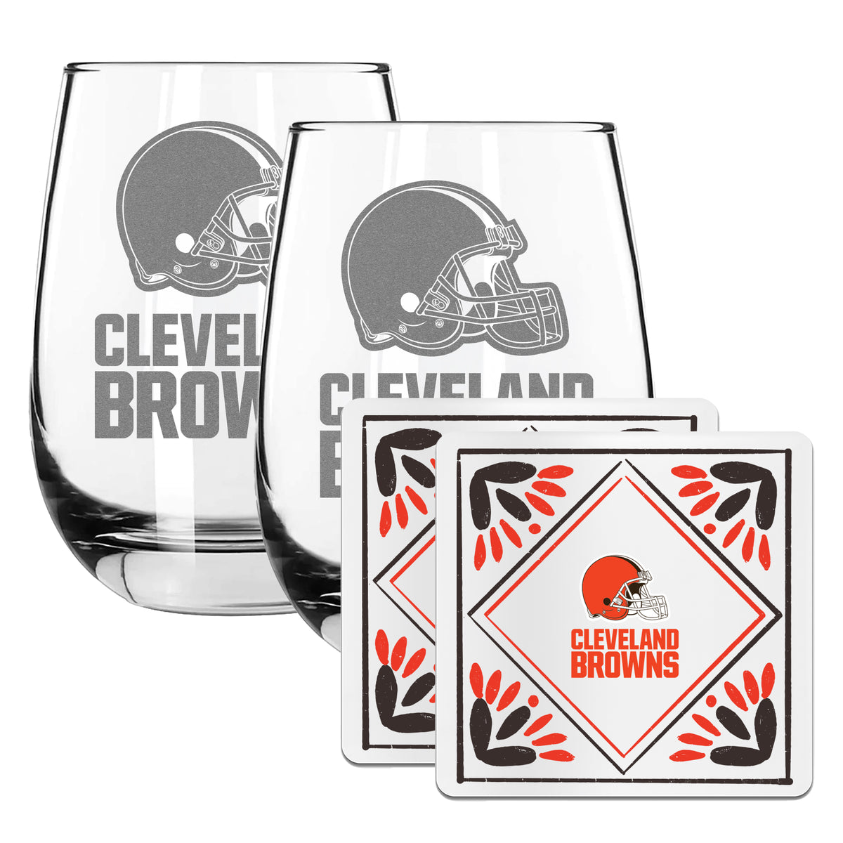 2 Pack Stemless Wine Glasses and Coasters Set | Cleveland Browns