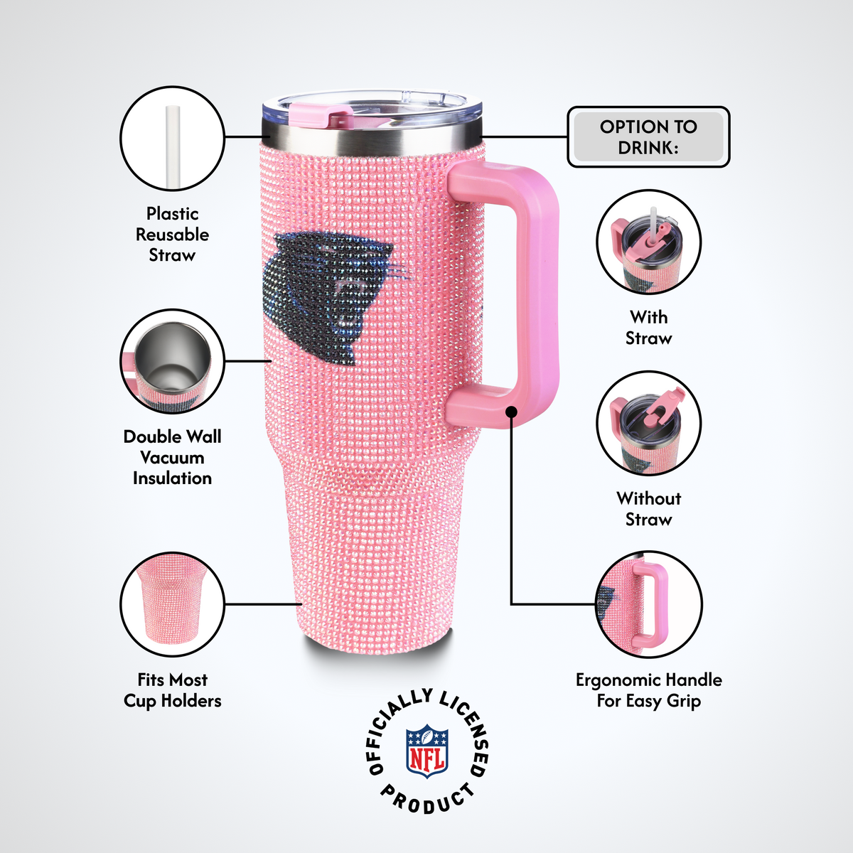 40oz Pink Bling Game Day Tumbler I | Carolina Panthers