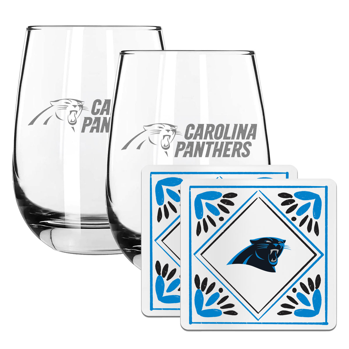2 Pack Stemless Wine Glasses and Coasters Set | Carolina Panthers