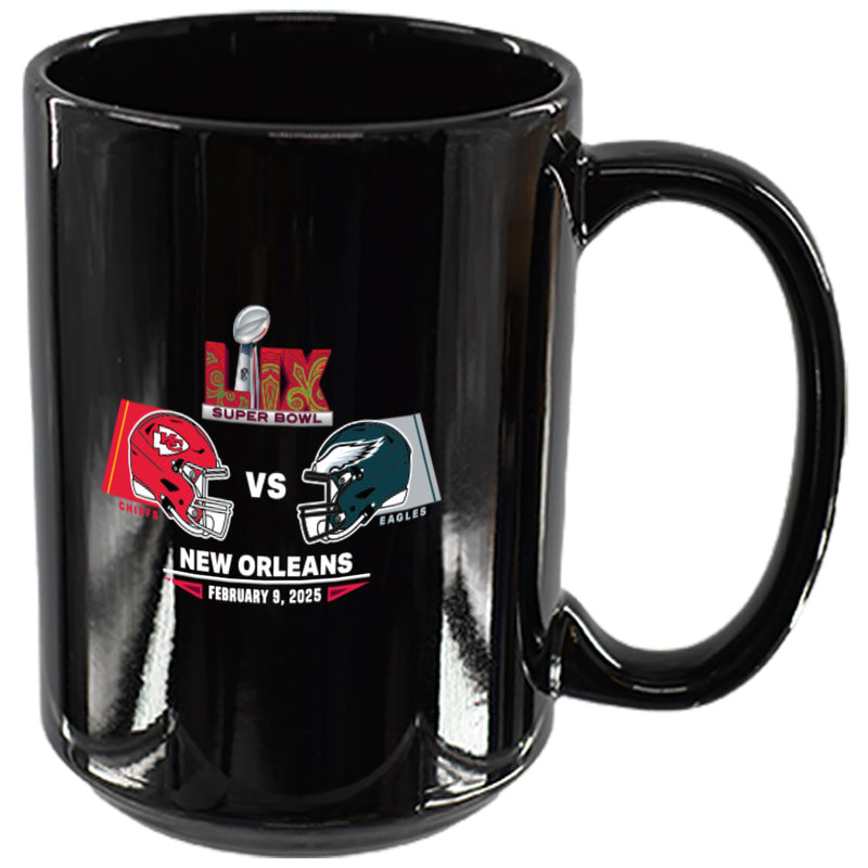 15oz Black Mug, Super Bowl 59, Chiefs vs. Eagles, 2025