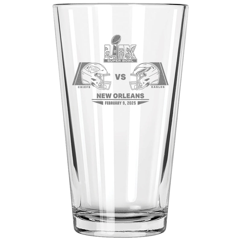 16oz Pint Glass, Etched, Super Bowl 59, Chiefs vs. Eagles, 2025