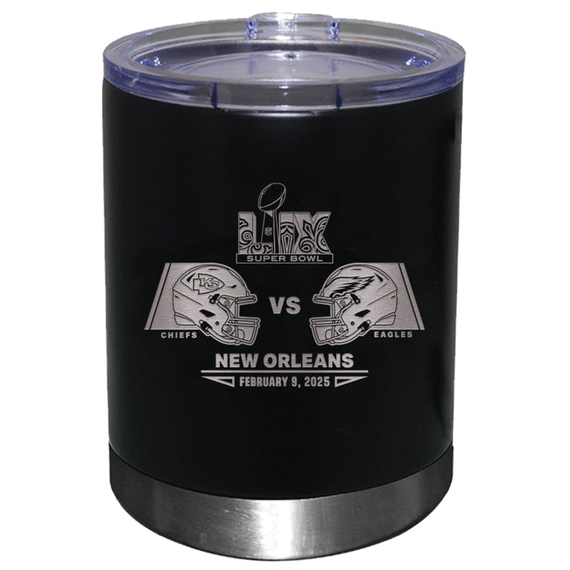 12oz Black Lowball Tumbler, Etched, Super Bowl 59, Chiefs vs. Eagles, 2025