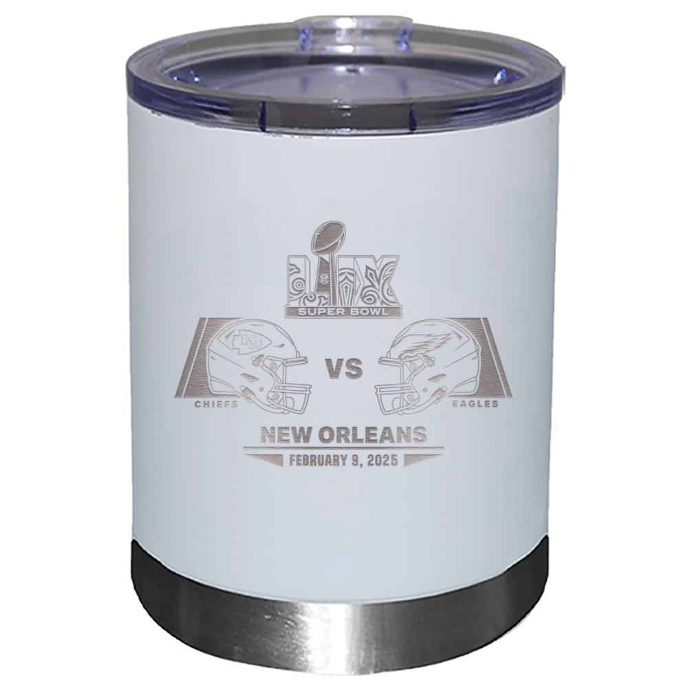 12oz White Lowball Tumbler, Etched, Super Bowl 59, Chiefs vs. Eagles, 2025