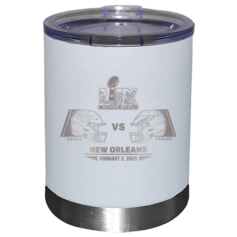 12oz White Lowball Tumbler, Etched, Super Bowl 59, Chiefs vs. Eagles, 2025