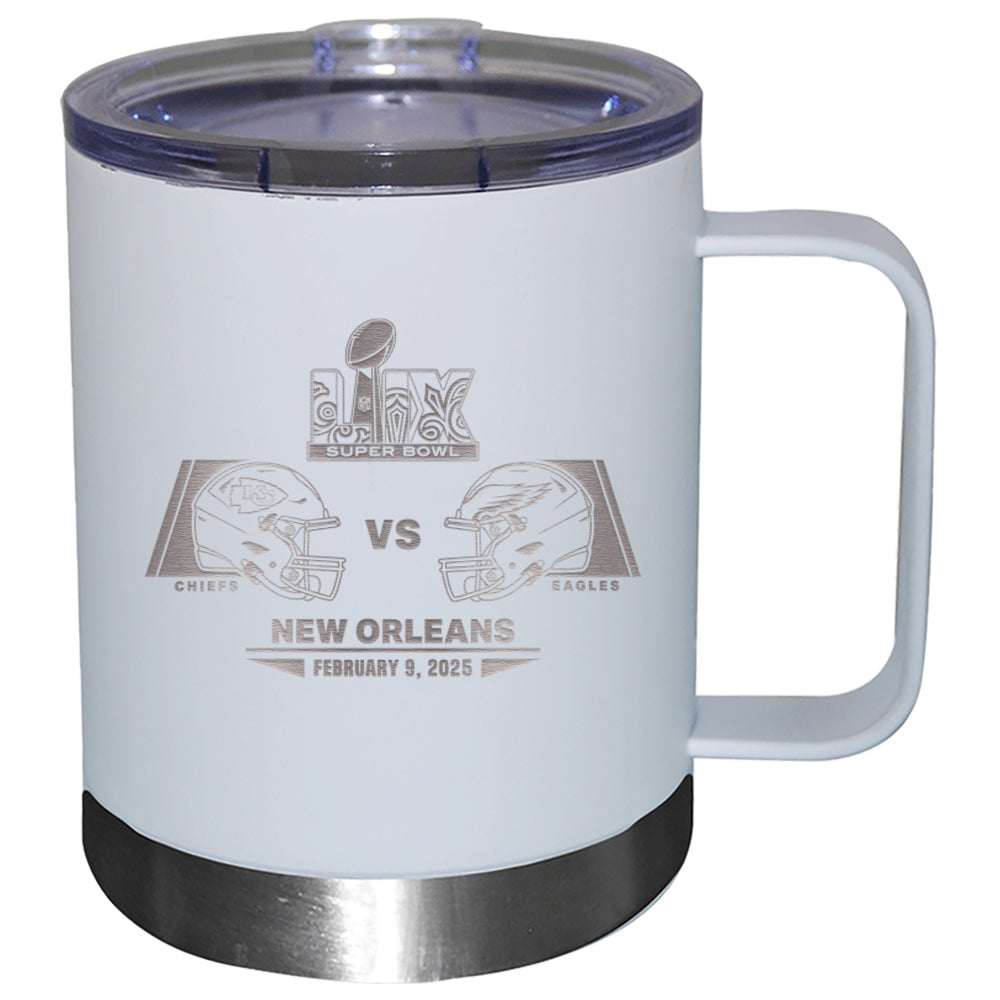 12oz White Lowball Tumbler with Handle, Etched, Super Bowl 59, Chiefs vs. Eagles, 2025