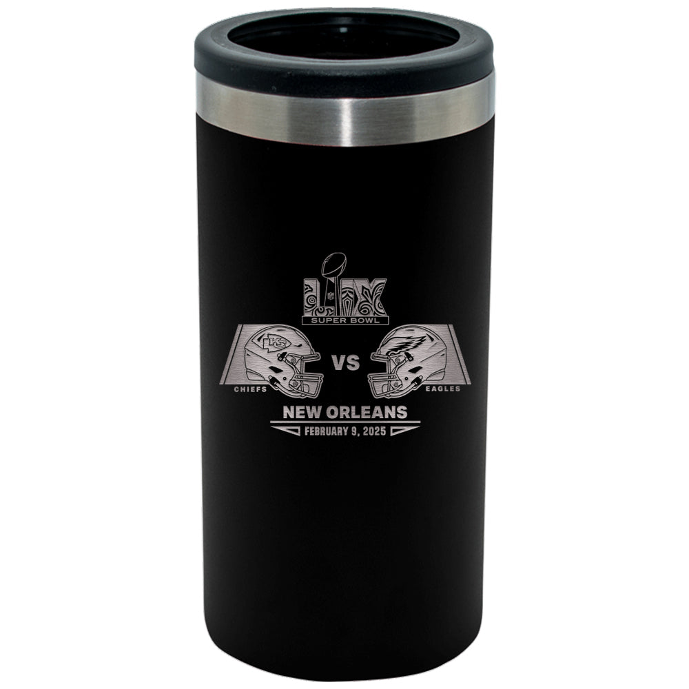 12oz Black Slim Can Holder, Etched, Super Bowl 59, Chiefs vs. Eagles, 2025