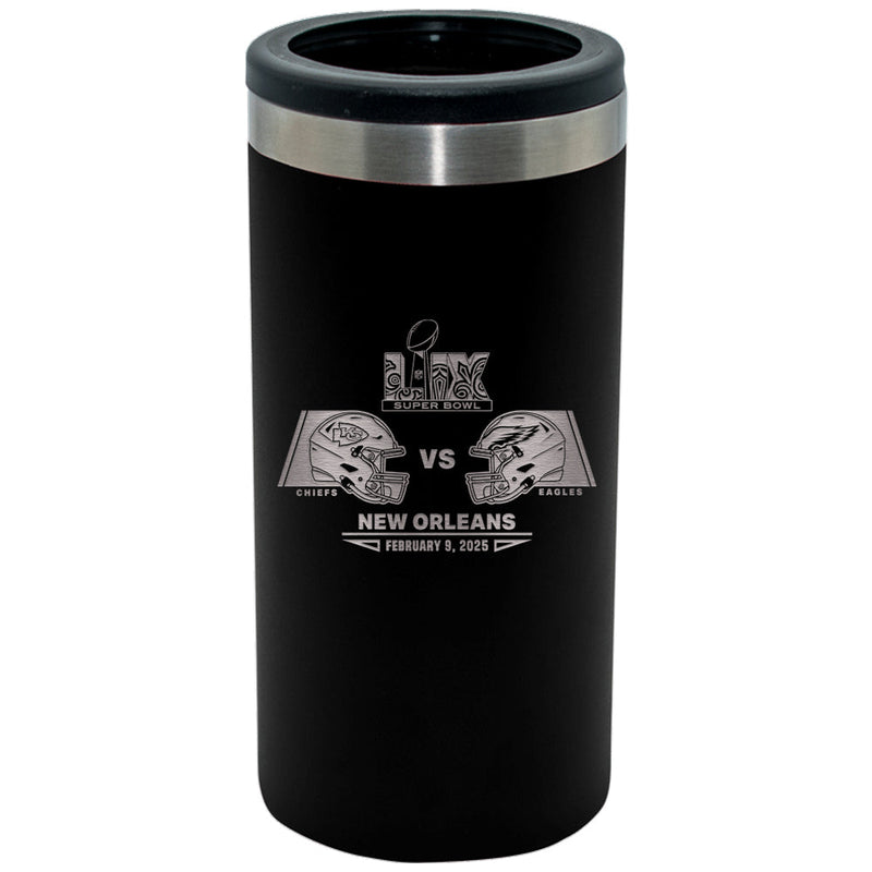 12oz Black Slim Can Holder, Etched, Super Bowl 59, Chiefs vs. Eagles, 2025