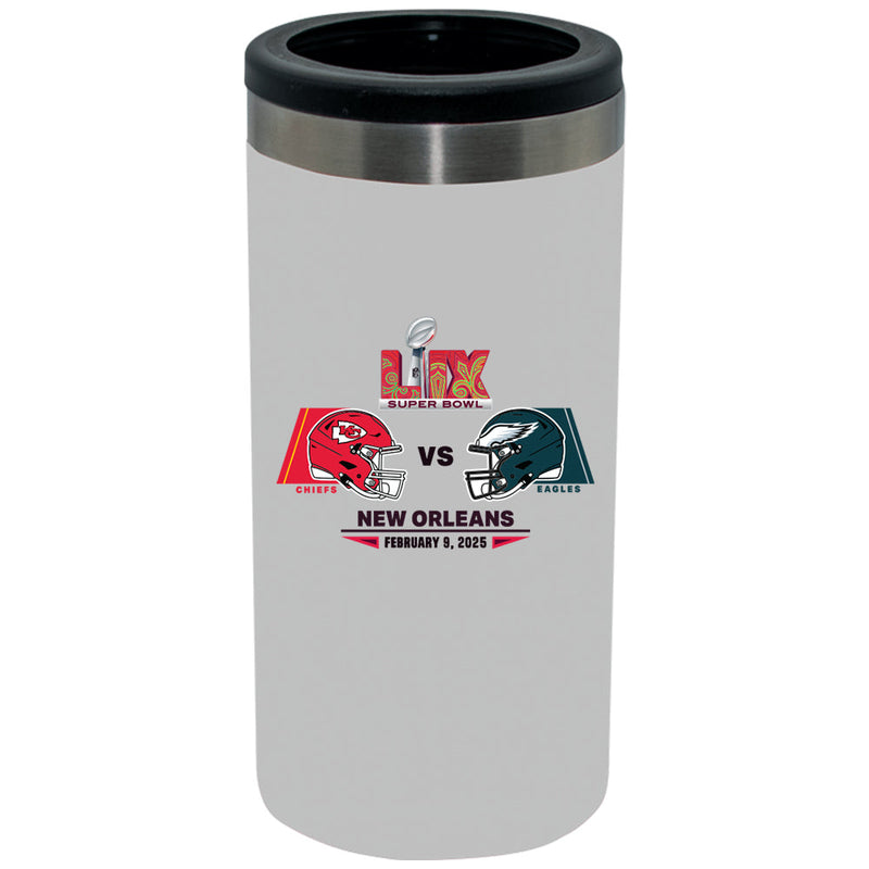 12oz White Slim Can Holder, Direct Print, Super Bowl 59, Chiefs vs. Eagles, 2025